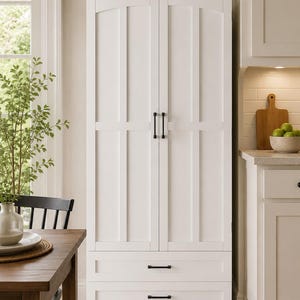 May include: A tall white pantry cabinet featuring two vertical doors with arched top panels and two bottom drawers. The cabinet is equipped with slim black metal handles on both the doors and the drawers, providing a clean and functional storage solution.