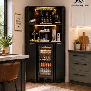 May include: A black corner bar cabinet featuring an integrated beverage refrigerator, illuminated open shelving for glassware and bottles, and two side storage cabinets with gold handles. The unit is positioned in a kitchen corner.