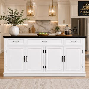 May include: A white kitchen island with a black countertop, featuring three drawers and four cabinet doors with black hardware. The text PREMIUM HOME DECOR is displayed in the upper right corner. The island has a rectangular base and frame.