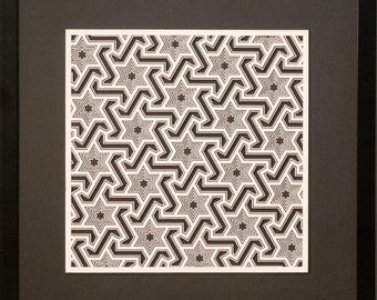 Celestial Symmetry 11-Layer Paper Sculpture – Middle Eastern Geometric Star Art, Framed. See options below.