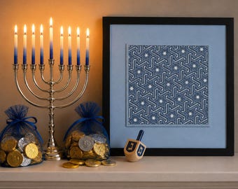 Celestial Symmetry: Shamayim, 11-Layer Paper Sculpture – Blue Star of David Judaica Geometric Art, Framed.