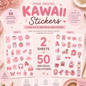 Różowe naklejki z cyfrowym planistą Kawaii | 50 plików PNG + 2 arkusze naklejek do wydrukowania | GoodNotes (natychmiastowe pobieranie)
