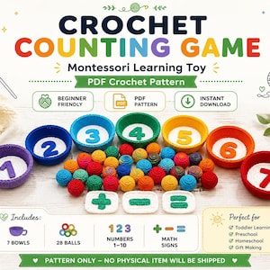 Crochet Counting Game Pattern PDF, Montessori Math Toy, Color Sorting Activity, Toddler Learning Toy, Numbers 1-10, Instant Download