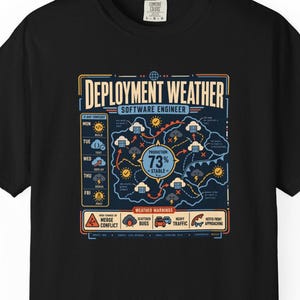 May include: A black short-sleeved t-shirt featuring a graphic print titled Deployment Weather Software Engineer. The design includes a weekly forecast, a central map with a 73% stable production status, and various weather warning icons.