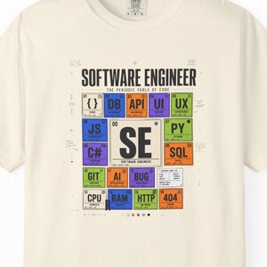 May include: A cream-colored short-sleeve t-shirt featuring a graphic print on the chest. The design displays a periodic table of code with the text SOFTWARE ENGINEER and THE PERIODIC TABLE OF CODE, including various colorful squares labeled with tech terms.