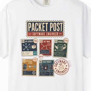 Può includere: Una t-shirt bianca a maniche corte con una stampa grafica di francobolli con la scritta Packet Post Software Engineer. Il design include cinque francobolli numerati con icone tecniche e un timbro postale rosso circolare con la scritta Software Engineer.
