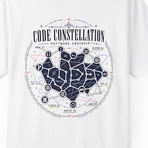 Może przedstawiać: Biały t-shirt z krótkim rękawem z ciemnoniebieską grafiką w kształcie koła na klatce piersiowej. Wzór przedstawia napis CODE CONSTELLATION SOFTWARE ENGINEER otoczony motywem kompasu oraz różnymi połączonymi ze sobą ikonami technicznymi.