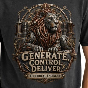 May include: A charcoal grey crew neck t-shirt featuring a graphic of a mechanical lion surrounded by electrical components and lightning bolts. The text reads "GENERATE. CONTROL. DELIVER." and "ELECTRICAL ENGINEER" in a metallic, industrial font.