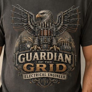 May include: A charcoal grey short-sleeve t-shirt featuring a graphic of a mechanical eagle with wings spread wide, integrated with electrical grid components. The text reads Guardian of the Grid Electrical Engineer in a bold, vintage-style font.