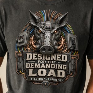 Op de afbeelding: Een antracietgrijs T-shirt met korte mouwen en een afbeelding van een mechanische zwijnenkop, omringd door kleurrijke elektrische draden en schakelaars. De tekst "DESIGNED FOR THE DEMANDING LOAD ELECTRICAL ENGINEER" staat in een vetgedrukt lettertype.