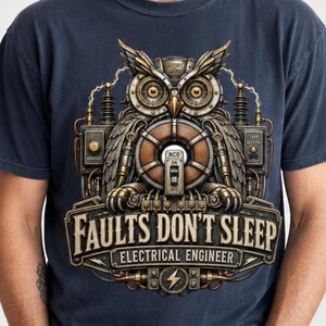 May include: A dark blue t-shirt featuring a graphic of a mechanical owl surrounded by electrical components and circuitry. The text "FAULTS DON'T SLEEP" and "ELECTRICAL ENGINEER" is printed in a bold, stylised font below the owl illustration.