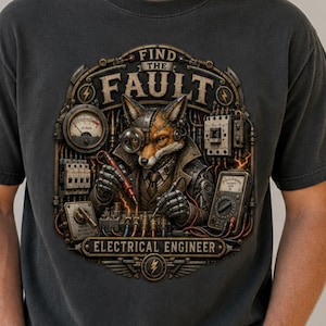 May include: A charcoal gray short-sleeve t-shirt featuring a graphic print of a fox dressed as an electrical engineer. The design includes the text "FIND THE FAULT" and "ELECTRICAL ENGINEER" surrounded by illustrations of electrical testing equipment.