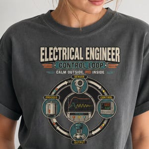 May include: A charcoal gray short-sleeve t-shirt featuring a graphic of an electrical engineer control loop diagram. The text reads ELECTRICAL ENGINEER, CONTROL LOOP, and CALM OUTSIDE, PID INSIDE, with icons for sensor, process, control, and output.