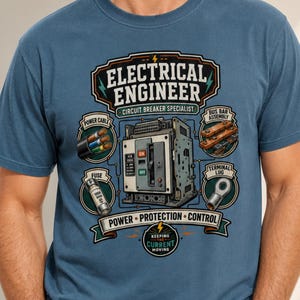 Könnte beinhalten: Ein blaues T-Shirt mit einem Grafikdruck, der den Text "ELECTRICAL ENGINEER CIRCUIT BREAKER SPECIALIST" und "POWER PROTECTION CONTROL" enthält. Das Design zeigt Abbildungen eines Leistungsschalters, Stromkabels, einer Sicherung, einer Sammelschiene und eines Kabelschuhs.