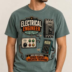 May include: A sage green t-shirt featuring a graphic print with the text "ELECTRICAL ENGINEER" and "OUR MAIN GOAL: AVOID CIRCUIT BREAKER TRIPPING". The design includes illustrations of a circuit breaker, a control panel, and a digital multimeter.
