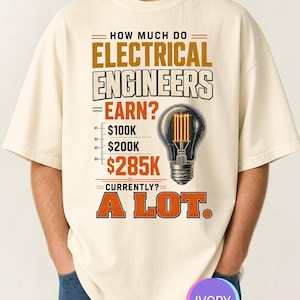 以下が含まれることがあります： 「HOW MUCH DO ELECTRICAL ENGINEERS EARN?」というテキスト、続いて「$100K」、「$200K」、「$285K」、電球のイラスト、そして「CURRENTLY? A LOT.」というテキストがプリントされたアイボリー色のTシャツ。クルーネックで半袖のデザインです。