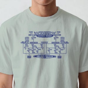 Könnte beinhalten: Ein helles salbeigrünes T-Shirt mit einer detaillierten blauen Grafik eines elektrischen Stromnetzschaltplans. Der Aufdruck enthält den Text "POWER SYSTEMS ELECTRICAL ENGINEER" und "DESIGN PROTECT POWER THE FUTURE" sowie technische Beschriftungen.