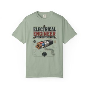 May include: A sage green short-sleeve t-shirt featuring a graphic print with the text ELECTRICAL ENGINEER CABLE CALCULATION CLUB SIZE IT RIGHT SLEEP AT NIGHT. The design includes an illustration of a multi-core electrical cable and math symbols.