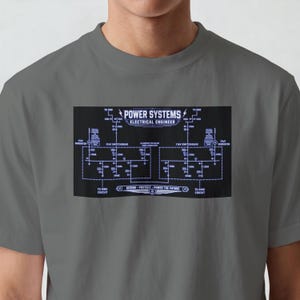 Peut inclure: Un t-shirt gris anthracite avec une impression graphique blanche représentant un schéma complexe de systèmes électriques. Le motif inclut le texte POWER SYSTEMS ELECTRICAL ENGINEER et la phrase DESIGN PROTECT POWER THE FUTURE avec diverses étiquettes techniques.