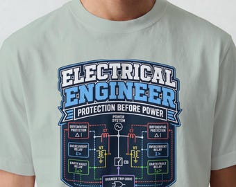 Cadeau pour ingénieur en systèmes électriques : Protection avant l'alimentation électrique - T-shirt avec schéma unifilaire - T-shirt d'ingénieur de sous-station - Cadeau pour mari ingénieur en énergie électrique