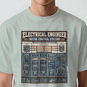 May include: A light sage green t-shirt featuring a detailed technical diagram titled ELECTRICAL ENGINEER MOTOR CONTROL SYSTEMS. The graphic displays a motor control center architecture with busbars, starters, PLC interface, and motor feeders.