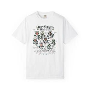 May include: A white short-sleeve t-shirt featuring a graphic print titled The Dependency Garden. The design depicts a stylized tree with various software development icons as flowers, including frontend, backend, database, and testing labels.