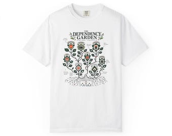 T-shirt « Jardin des dépendances » pour ingénieur logiciel, T-shirt de programmation botanique, T-shirt arbre pour développeur, Cadeau pour programmeur