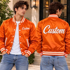 Custom Orange Varsity Jacket, Men's Baseball Style Letterman Coat, Personalized Streetwear Outerwear