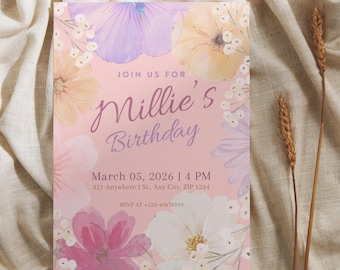 May include: A pink birthday invitation with floral illustrations in shades of purple, peach, and white. The invitation reads "Join us for Millie's Birthday" with the date, time, and location details. RSVP information is also included.