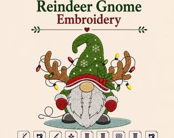 May include: An embroidery design featuring a gnome with a green hat, white beard, and reindeer antlers wrapped in colorful Christmas lights. The text reads Christmas Reindeer Gnome Embroidery, with file format icons for DST, PES, EXP, JEF, VP3, HUS, XXX, SEW, and CND.