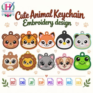 Può includere: Un set di ricami digitali con dieci facce di animali per portachiavi, tra cui orso, tigre, volpe, pinguino, panda, gufo, leone, gatto, cane e rana. Il testo recita Cute Animal Keychain Embroidery design con i relativi formati di file.