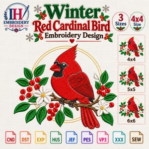 Op de afbeelding: Een borduurontwerp met een felrode kardinaalvogel op een bruine tak met groene bladeren, rode bessen en witte bloemen. De tekst luidt Winter Red Cardinal Bird Embroidery Design, 3 Sizes, 4x4 Size.