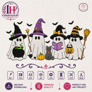 May include: An embroidery design featuring four white ghosts wearing hats. One ghost stirs a green cauldron, one holds a star wand, one reads a spellbook, and one holds a pumpkin bucket. A black cat sits nearby, with bats and a broomstick included.
