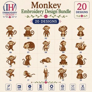 May include: A digital catalog titled Monkey Embroidery Design Bundle featuring 20 distinct brown monkey illustrations arranged in a grid. Each monkey is numbered from 01 to 20, showcasing various poses. Icons for file formats like DST, PES, JEF, HUS, VP3, EXP, XXX, and SEW are displayed at the bottom.