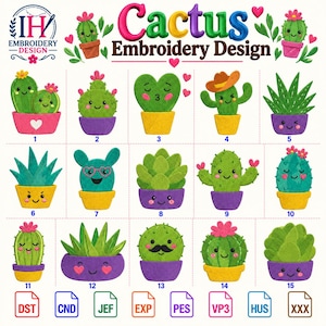 Puede incluir: Una hoja de diseño de bordado digital titulada Cactus Embroidery Design que presenta quince ilustraciones numeradas de varios cactus verdes en macetas coloridas con caras, flores y corazones, además de ocho iconos de formato de archivo.