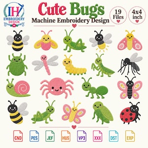 Può includere: Una collezione digitale di 19 disegni per ricamo a macchina intitolata Cute Bugs, che raffigura vari insetti come api, farfalle, lumache e coccinelle in colori vivaci. Ogni disegno misura 4x4 pollici, con formati di file CND, PES, JEF, HUS, VP3, XXX, DST e EXP.
