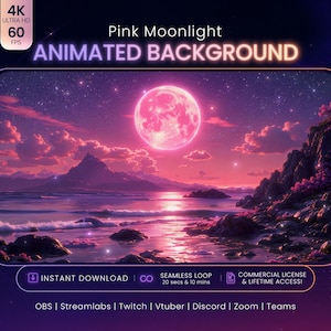 Puede incluir: Un fondo animado digital titulado Pink Moonlight que muestra una luna llena rosa brillante sobre un océano oscuro, una costa rocosa y montañas distantes. El gráfico incluye etiquetas de texto para 4K Ultra HD 60 FPS, Instant Download, Seamless Loop y Commercial License.