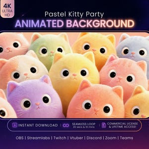 Puede incluir: Un fondo animado con un grupo de gatos difusos de colores pastel con grandes ojos negros. El texto dice Pastel Kitty Party ANIMATED BACKGROUND, 4K ULTRA HD, INSTANT DOWNLOAD, SEAMLESS LOOP 20 secs & 10 mins, COMMERCIAL LICENSE & LIFETIME ACCESS!