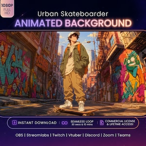 May include: An animated background featuring an anime-style character standing on a skateboard in an urban alleyway with graffiti-covered walls. The text reads Urban Skateboarder ANIMATED BACKGROUND, 1080P FULL HD, INSTANT DOWNLOAD, SEAMLESS LOOP, and more.