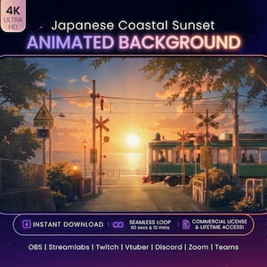 Puede incluir: Un fondo animado en 4K Ultra HD que muestra una puesta de sol costera japonesa con un tren verde pasando por un cruce. El texto incluye Japanese Coastal Sunset ANIMATED BACKGROUND, INSTANT DOWNLOAD, SEAMLESS LOOP y COMMERCIAL LICENSE.