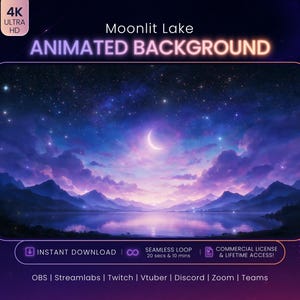 Puede incluir: Un fondo animado 4K Ultra HD titulado Moonlit Lake que muestra una luna creciente sobre un paisaje montañoso azul y morado con un lago reflectante, cielo estrellado y texto que incluye Instant Download, Seamless Loop y nombres de plataformas.