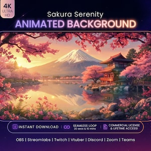 May include: An animated background featuring a snow-capped mountain, a traditional building, and cherry blossom trees reflected in a lake. Text includes Sakura Serenity, ANIMATED BACKGROUND, INSTANT DOWNLOAD, SEAMLESS LOOP, and 4K ULTRA HD.