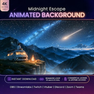 Puede incluir: Un fondo animado digital titulado Midnight Escape que muestra una furgoneta blanca aparcada en un acantilado con una hoguera y una persona mirando un cielo nocturno estrellado con una estrella fugaz sobre siluetas de montañas en 4K.