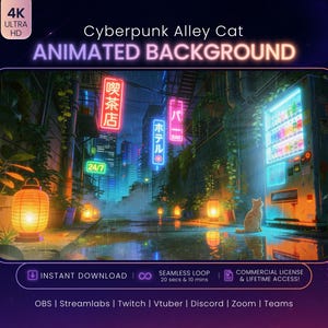 以下が含まれることがあります： 雨の降る夜のサイバーパンクな路地を描いたアニメーション背景。日本語のネオンサイン、明るく光る自動販売機、そして温かいオレンジ色の提灯に照らされた濡れた地面に座る小さな猫が特徴です。