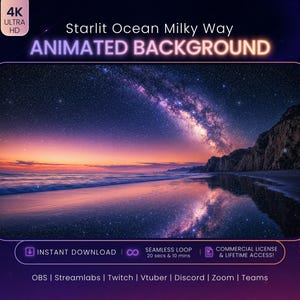 May include: A 4K Ultra HD animated background featuring a starlit Milky Way galaxy above a dark ocean coastline. The scene displays a vibrant purple and orange horizon reflecting on the wet sand. Text includes Starlit Ocean Milky Way ANIMATED BACKGROUND, INSTANT DOWNLOAD, SEAMLESS LOOP, and COMMERCIAL LICENSE.