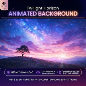 Può includere: Uno sfondo animato 4K Ultra HD intitolato Twilight Horizon che mostra un cielo stellato con una luna crescente, nuvole viola e rosa e la sagoma di un albero su una collina. Include testo sul download istantaneo e sulla compatibilità software.