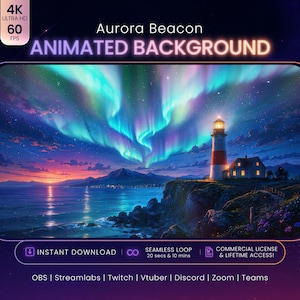 May include: An animated background titled Aurora Beacon featuring a vibrant aurora borealis over a coastal lighthouse and house. The scene includes text labels for 4K Ultra HD 60 FPS, instant download, seamless loop, and commercial licence details.