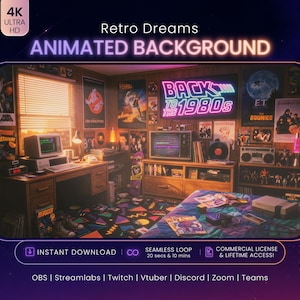 May include: An animated digital background featuring a 1980s-themed bedroom with wood-paneled walls, a desk with a vintage computer, a television, posters, and a neon sign reading BACK TO THE 1980s. The room includes a bed, shelves, and retro decor.