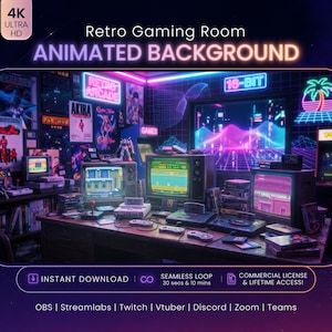 May include: An animated digital background featuring a retro gaming room with multiple CRT televisions, game consoles, controllers, and neon signs. The scene includes posters on the walls, stacks of game cartridges, and a vibrant purple and blue color palette.