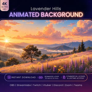 Puede incluir: Un fondo animado titulado Lavender Hills que muestra un atardecer sobre un paisaje con flores de lupino moradas, colinas y árboles. El gráfico incluye etiquetas de texto para 4K Ultra HD, descarga instantánea y compatibilidad de software.